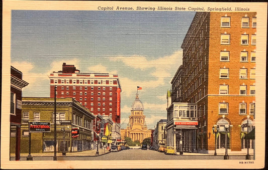Capitol Avenue - Showing Illinois State Capitol - Springfield, Illinois - Linen Postcard