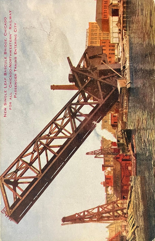 New Single Leaf Bascule Bridge, Chicago, Illinois for all “Chicago-Northwestern” Railway Passenger Trains Entering City - Vintage Bridge Postcard