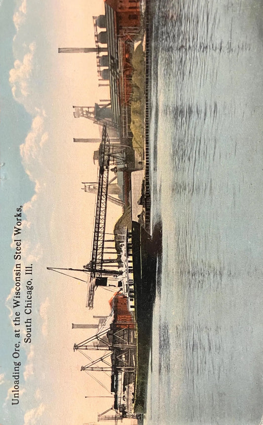 Unloading Ore at the Wisconsin Steel Works, South Chicago, Illinois - Vintage Boats Postcard