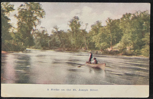 A Strike on the St. Joseph River, Michigan - Vintage Fishing Postcard