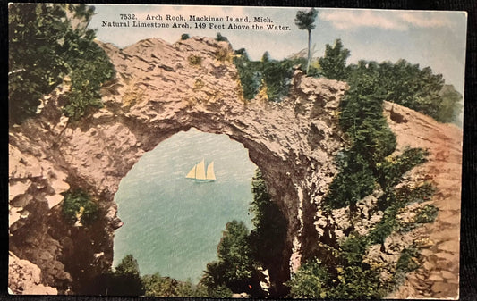 Arch Rock, Mackinac Island, Michigan, Natural Limestone Arch, 149 Feet Above the Water - Vintage Nature Postcard