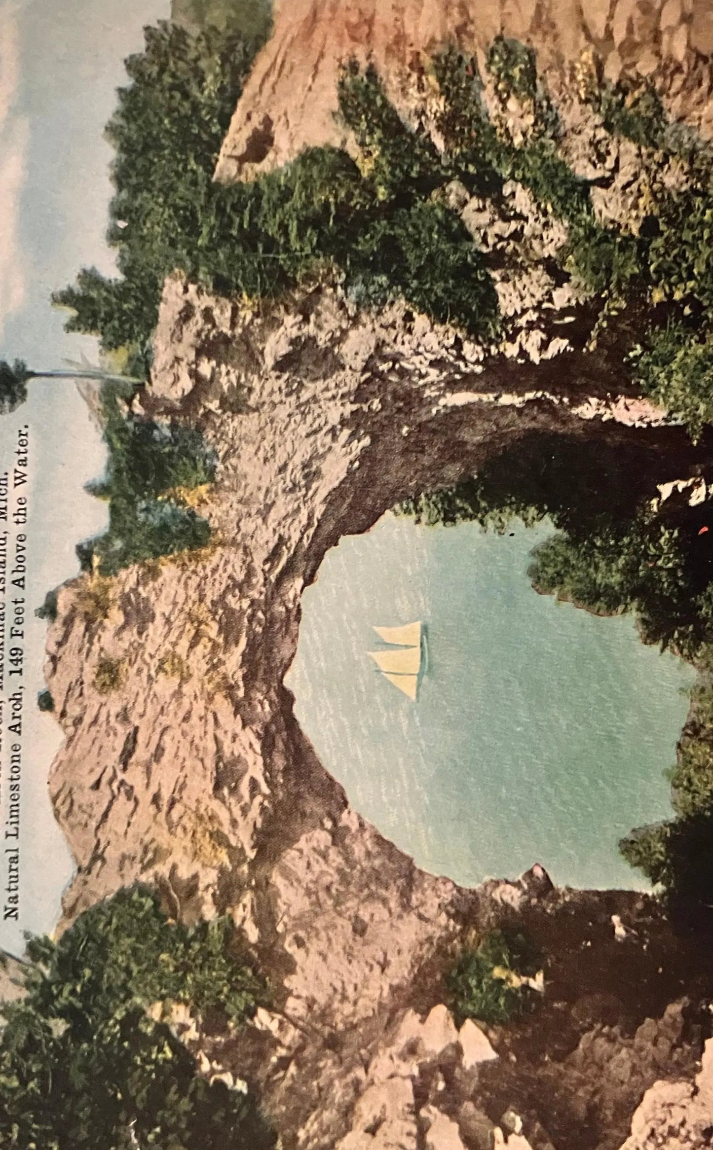 Arch Rock, Mackinac Island, Michigan, Natural Limestone Arch, 149 Feet Above the Water - Vintage Nature Postcard