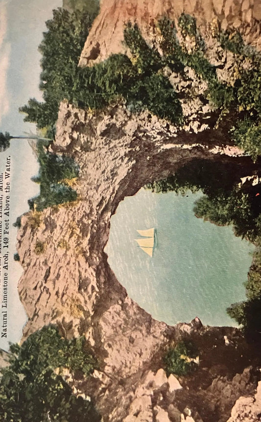 Arch Rock, Mackinac Island, Michigan, Natural Limestone Arch, 149 Feet Above the Water - Vintage Nature Postcard