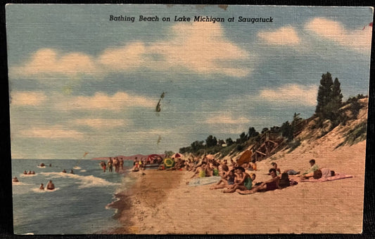 Bathing Beach on Lake Michigan at Saugatuck - Vintage Beach Postcard