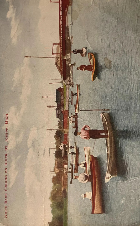 White Bass Fishing on River, St. Joseph, Michigan - Vintage Postcard