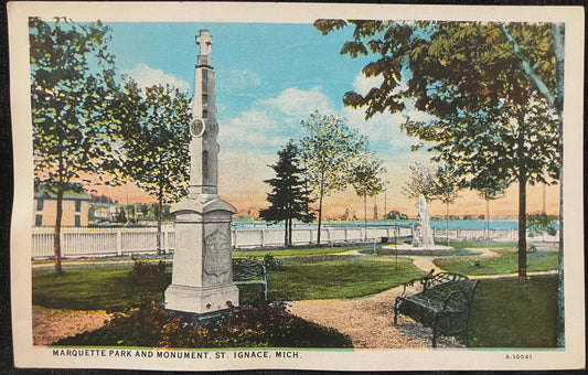Marquette Park and Monument, St. Ignace, Michigan - Vintage Park Postcard