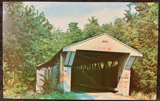 Adams Mill Bridge over Wild Cat Creek in Carroll County, Indiana - Photo: Mitchell - Vintage Covered Bridge Postcard