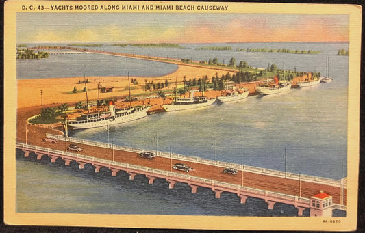 Yachts Moored Along Miami and Miami Beach Causeway, Florida - Vintage Bridge Postcard