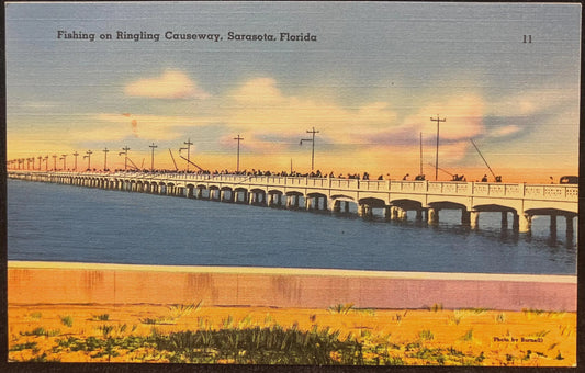 Fishing on Ringing Causeway, Sarasota, Florida - Vintage Linen Bridge Postcard