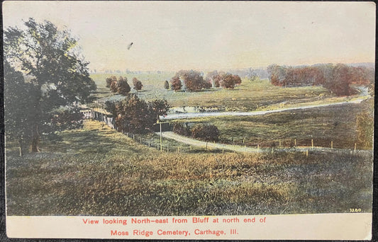 View looking North-east from Bluff at north end of Moss Ridge Cemetery, Carthage, Illinois - Made in Germany - Vintage Cemetery Postcard
