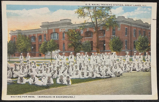 Waiting for Mess (Barracks in Background) - U. S. Naval Training Station, Great Lakes, Illinois - Vintage Navy Postcard
