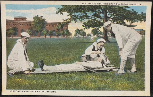 First Aid Emergency Field Dressing - U. S. Naval Training Station, Great Lakes, Illinois - Vintage Navy Postcard