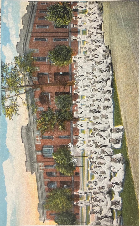 Waiting for Mess (Barracks in Background) - U. S. Naval Training Station, Great Lakes, Illinois - Vintage Navy Postcard