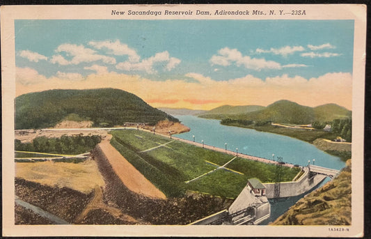 New Sacandaga Reservoir Dam, Adirondack Mts., New York - Vintage Postcard