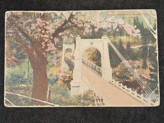 Alexandria Bridge Fraser Canyon British Columbia Canada Flowering Blossom Trees Drawing. Vintage Art Postcard