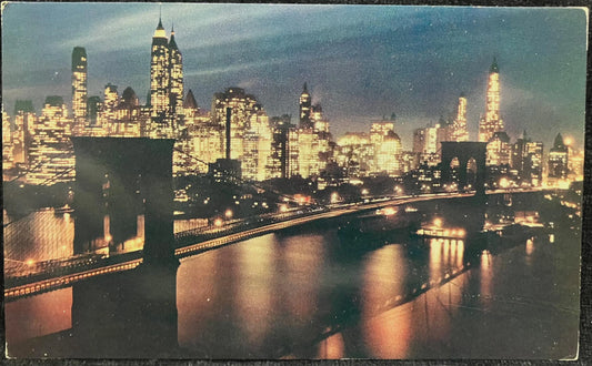 Brooklyn Bridge at Night - New York - Vintage Bridge Postcard