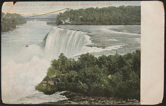 The American Fall and the Suspension Bridge, from Goat Island from Goat Island - Made in Germany - Vintage Bridge Postcard