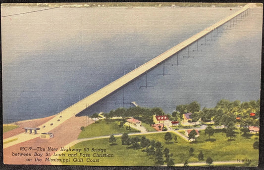 MC-9 The New Highway 90 Bridge between Bay St. Louis and Pass Christian on the Mississippi Gulf Coast - Vintage Bridge Postcard