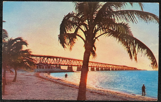 Sunset over Bahia Honda Bridge - Key West, Florida - Vintage Highway Postcard