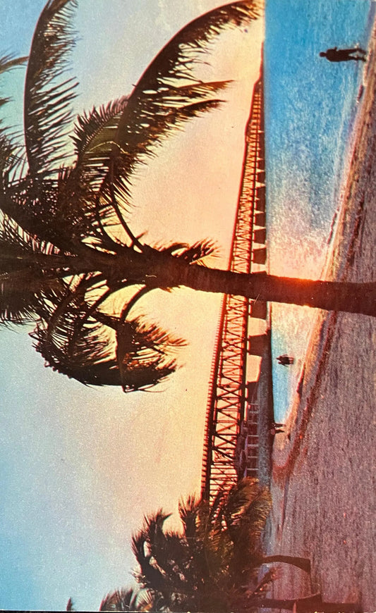 Sunset over Bahia Honda Bridge - Key West, Florida - Vintage Highway Postcard