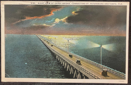Night View of Gandy Bridge, Connecting St. Petersburg and Tampa, Florida - Vintage Bridge Postcard