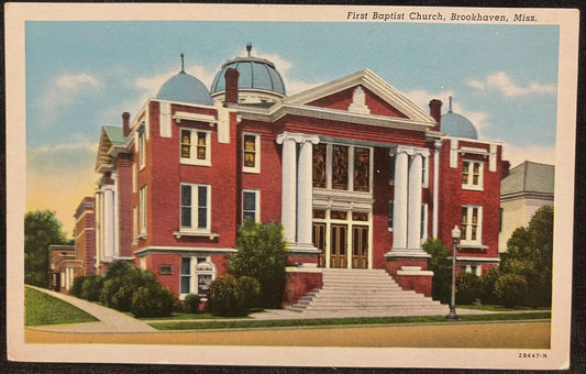 First Baptist Church, Brookhaven, Mississippi - Vintage Church Postcard