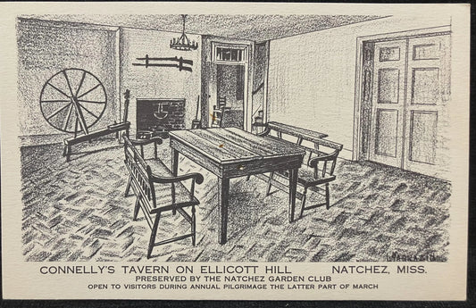 Connelly’s Tavern on Elliott Hill - Natchez, Mississippi - Taproom - Preserved by the Natchez Garden Club Open - Vintage Tourism Postcard