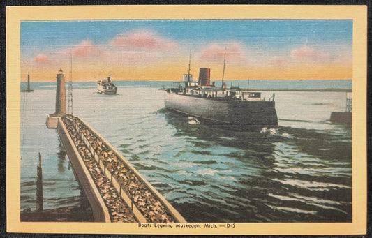 Boats Leaving Muskegon, Michigan - Vintage Harbor Postcard