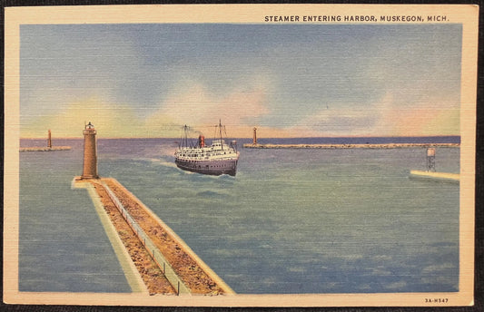 Steamer Entering Harbor, Muskegon, Michigan - Vintage Harbor Postcard