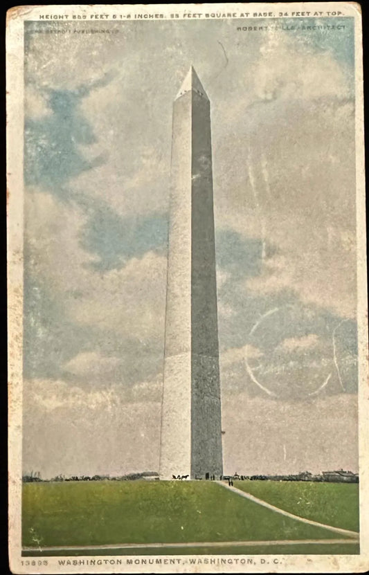 Washington Monument, Washington, D.C., Maryland - Height 565 Feet 5 1-8 Inches. Ft Sq. at Base, 34 Ft at Top - Vintage Postcard