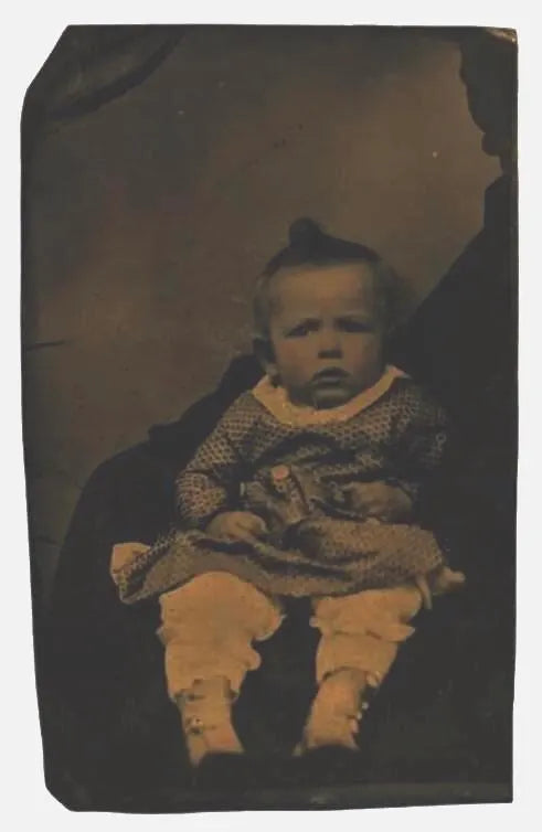 Victorian Era Tin Type Photo - Female Toddler with Hand Colored pink Cheeks and Hands, in button up Shoes, Pantaloons and Serious Expression