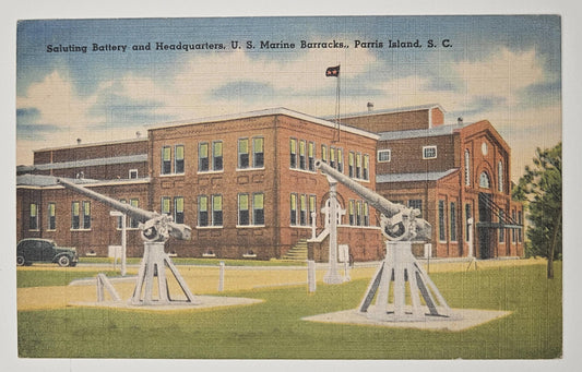 Marine Barracks Headquarters Postcard Saluting Beauty, Paris Island, South Carolina - Vintage Linen 1950sPostcard