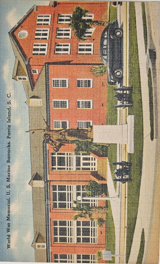 World War Memorial Marine Barracks, Parris Island, South Carolina featuring 1940s car- Vintage Military Postcard