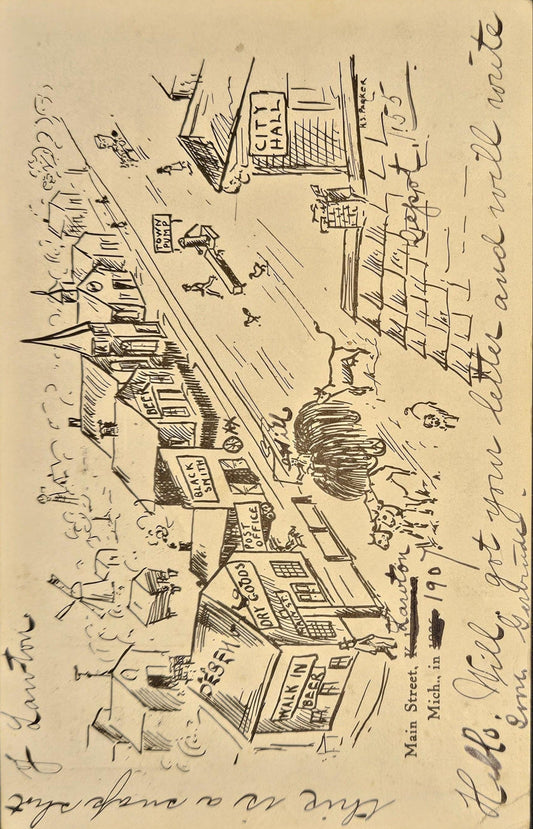 Drawing of Lawton/Kalamazoo, Michigan - Vintage 1907 Hand-Drawn Postcard with sender Art Additions