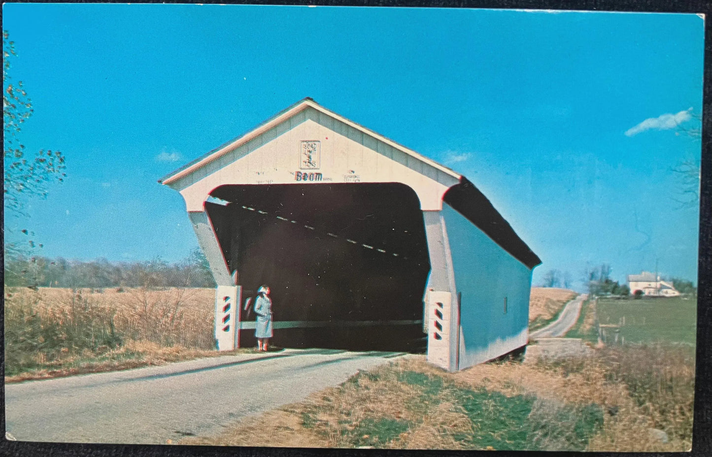 Beam Bridge over Elkhorn Creek in Preble County, Ohio - Photo: R. C. Holmes - Vintage Covered Bridge Postcard