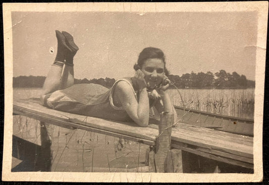 Real Photo of Young Girl in Bathing Suit - Sunbathing at lake in Michigan -Rare 1907 photograph - Michigan Cottage Life