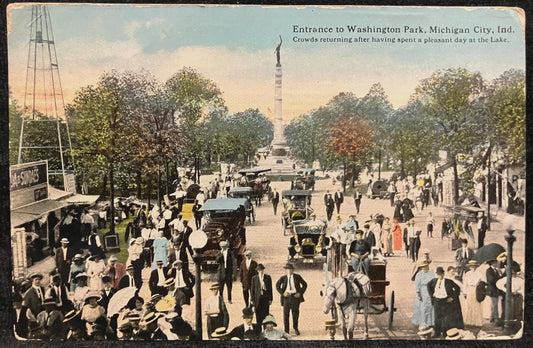 Entrance to Washington Park, Michigan City, Indiana - Crowds returning after having spent a pleasant day at the Lake - Vintage 1915 Park Postcard