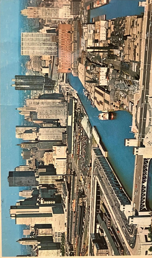Chicago River Skyline - Illinois - Vintage Urban Bridge Postcard