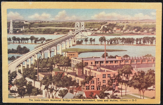 The Iowa - Illinois Memorial Bridge between Bettendorf, Iowa and Moline, Illinois - Vintage Bridge Postcard