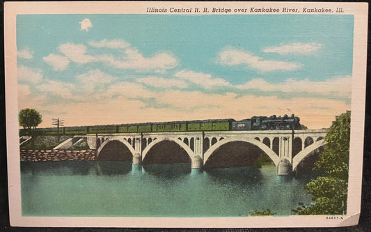 Illinois Central R. R. Bridge over Kankakee River, Kankakee, Illinois - Vintage Train Postcard