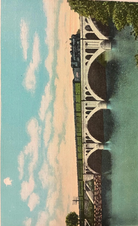 Illinois Central R. R. Bridge over Kankakee River, Kankakee, Illinois - Vintage Train Postcard