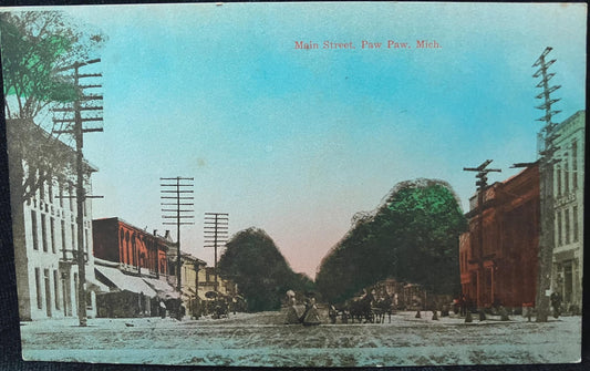 Main Street, Paw Paw, Michigan - Vintage Postcard