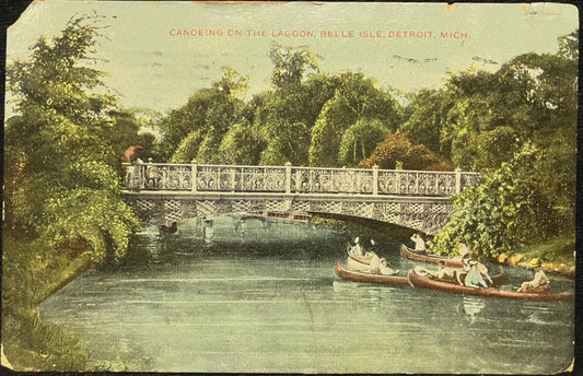 Canoeing on the Lagoon - Belle Isle, Detroit, Michigan - 1909 Postcard