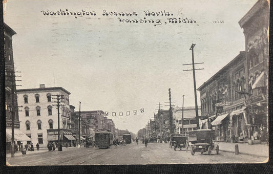 Washington Avenue North, Lansing, Michigan in 1910, Carriages, Model T cars, and Trolley Transportation - Vintage Transportation Postcard