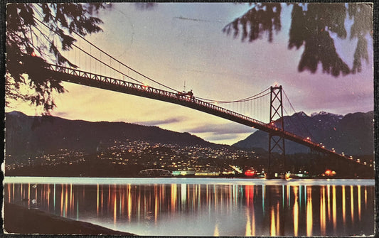 Lions Gate Bridge at Dusk, Vancouver, B.C., Canada - Photo by Rolly Ford - Vintage Postcard