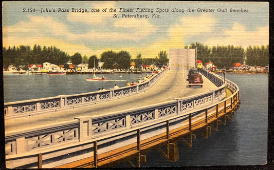 John’s Pass Bridge, one of the Finest Fishing Spots along the Greater Gulf Beaches, St. Petersburg, Florida - Vintage Postcard
