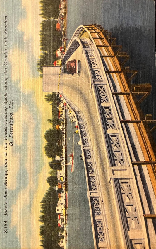 John’s Pass Bridge, one of the Finest Fishing Spots along the Greater Gulf Beaches, St. Petersburg, Florida - Vintage Postcard