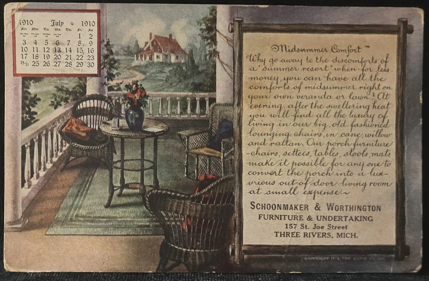 Schoonmaker and Worthington Furniture & Undertaking 157 St. Joe Street, Three Rivers, Michigan - Vintage Postcard