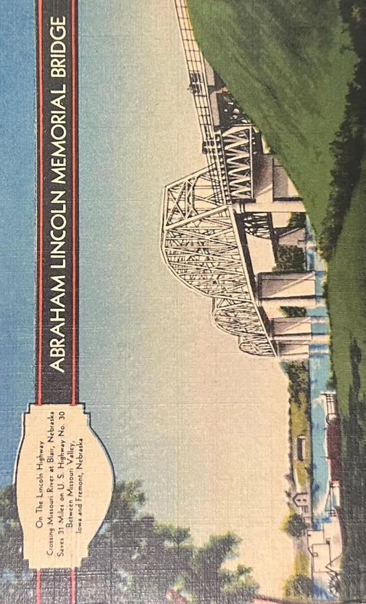 Abraham Lincoln Memorial Bridge connecting Iowa and Nebraska - Vintage Postcard