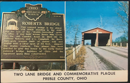 Two Lane Bridge and Commemorative Plaque, Preble County, Ohio - Ohio Historical Marker Robert’s Bridge - Vintage Postcard